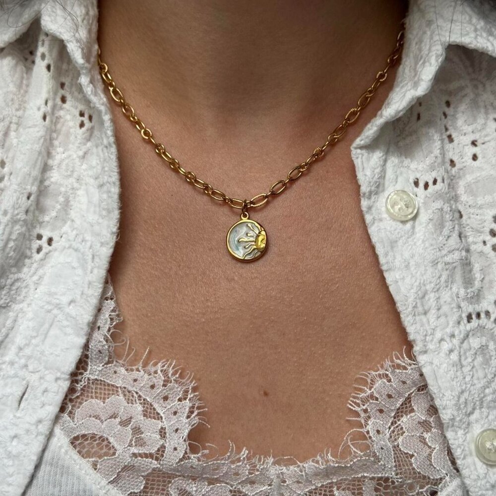 Sku 0437 vintage gold chain necklace With moon stone pendant sun stainless steel - Picture 5 of 7